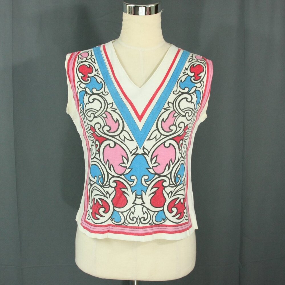 Vintage Colorful Psychedelic Boho Sleeveless V Neck Statement Top Jane Colby M